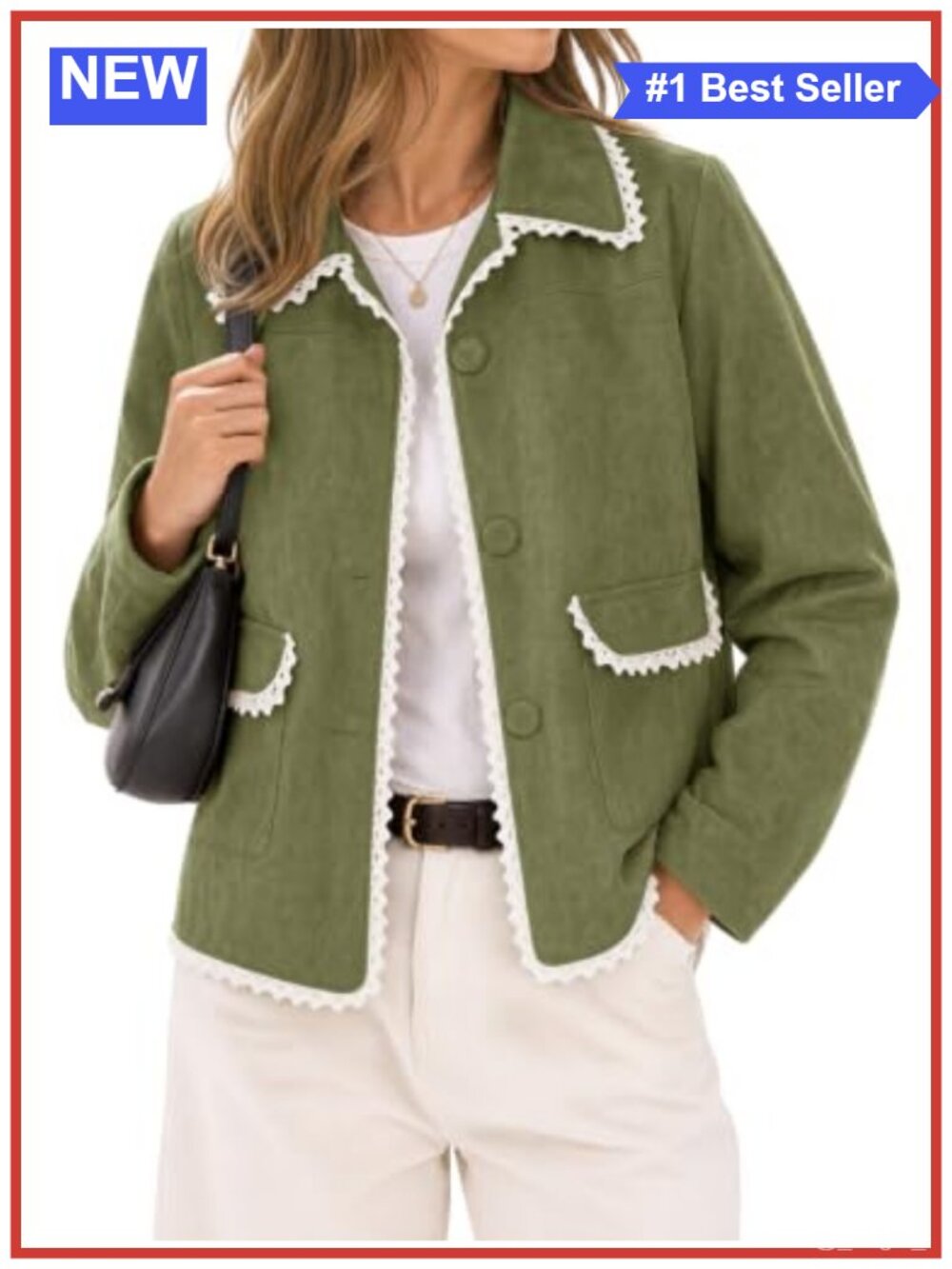 Faux Suede Leather Jacket Button Down Crochet Trim Loose Fit Casual Coat
